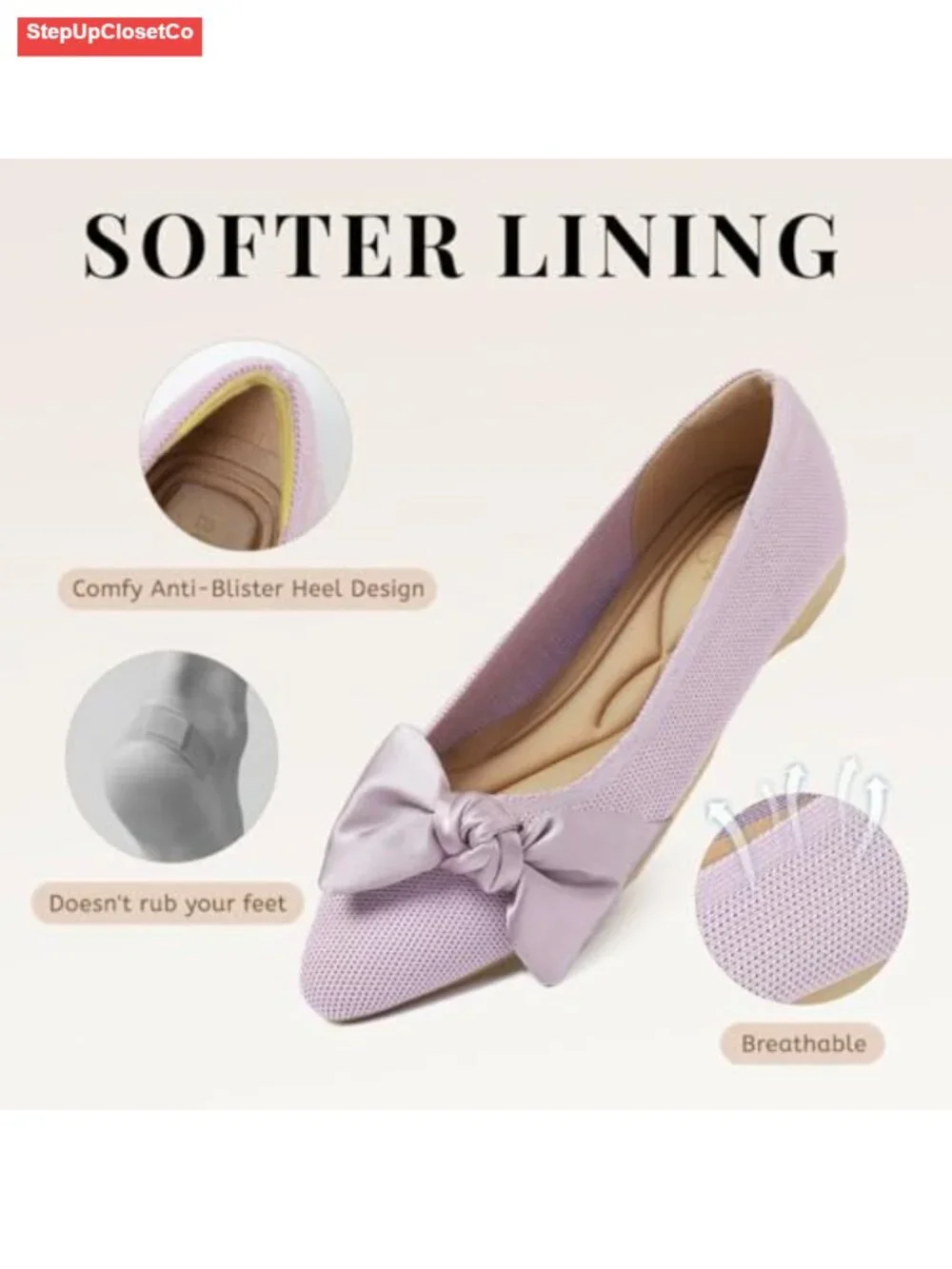 Knit Pointed Toe Mary Jane Ballet Flats with Arch Support - Stretchy Slip-On